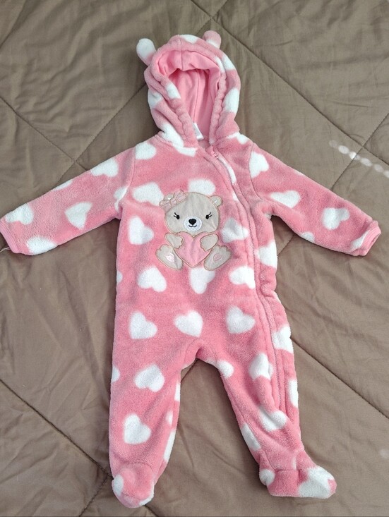 little joy Other - Cozy Pink Heart Plush Hooded Baby One-Piece with Bear Accent